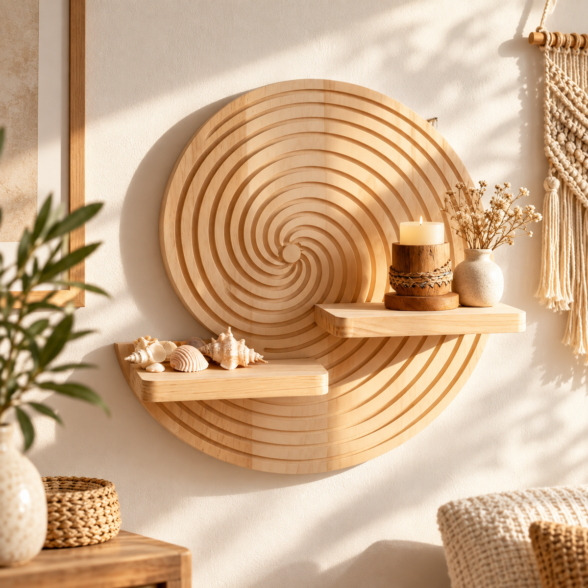 Schweberegal aus Holz mit Spiralmotiv