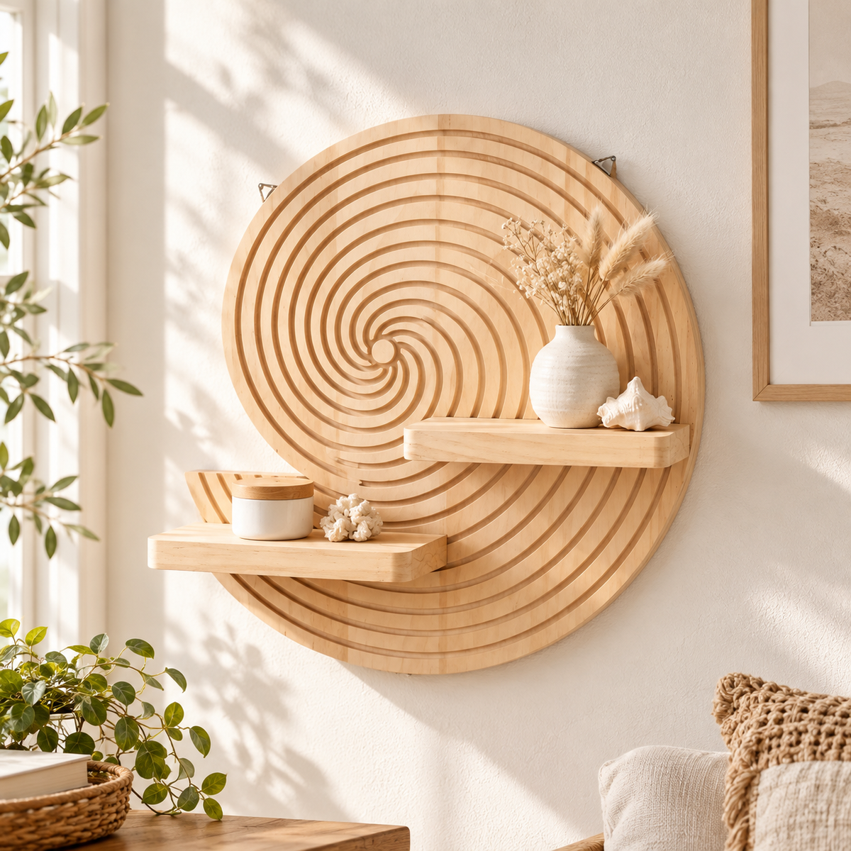 Schweberegal aus Holz mit Spiralmotiv