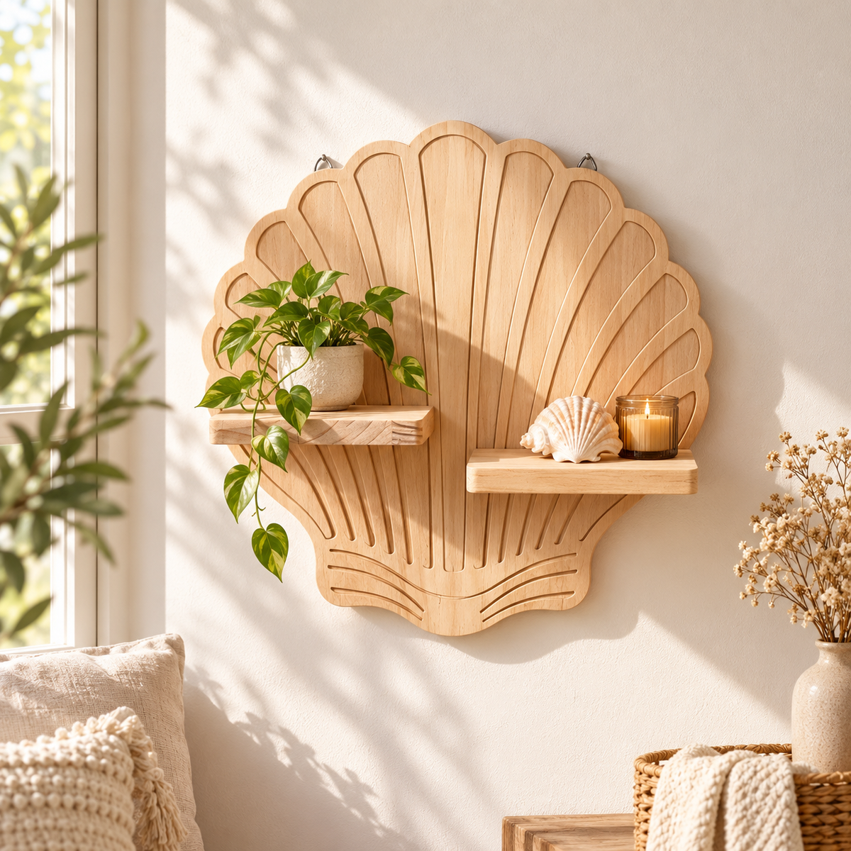 Schweberegal aus Holz mit Spiralmotiv