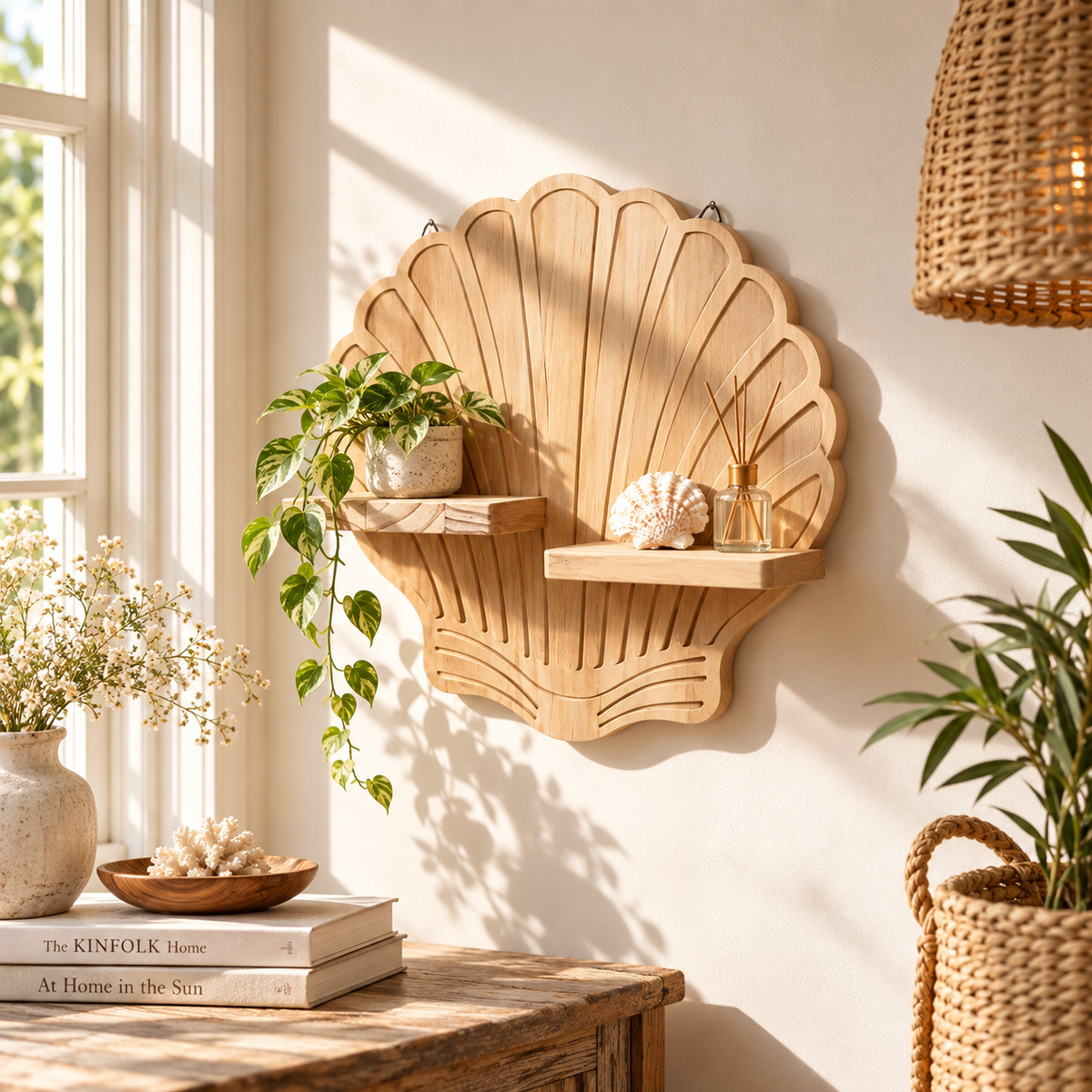 Schweberegal aus Holz mit Spiralmotiv