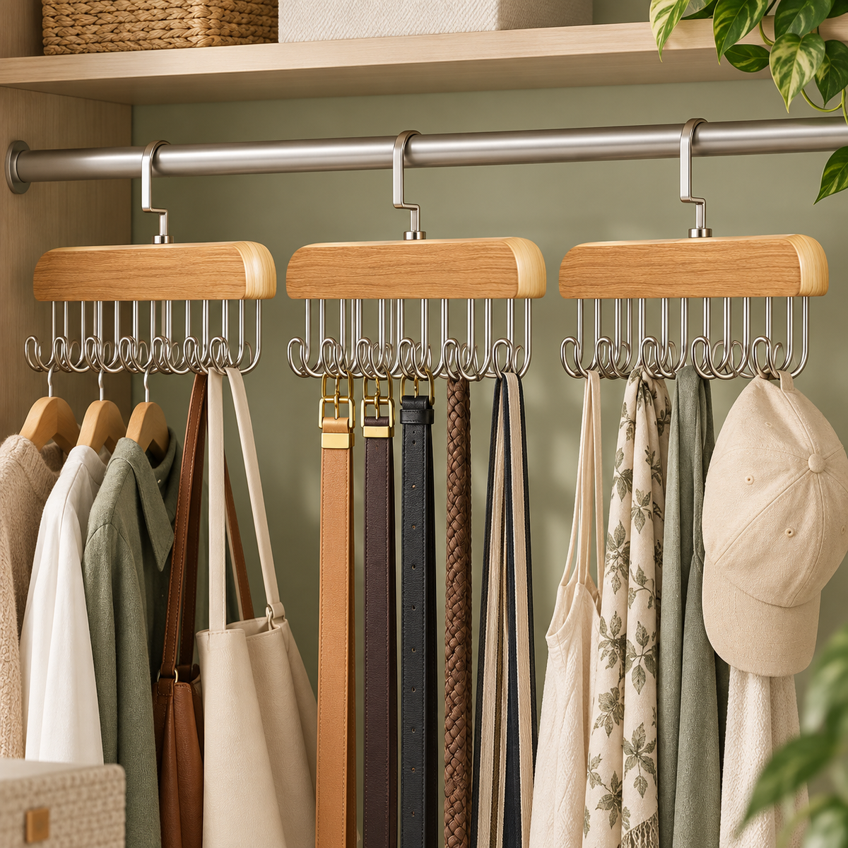 Multi-Hook Wooden Wardrobe Organizer